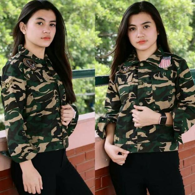 New Arifal Jaket loreng wanita mono patch loreng jaket wanita jaket gaul jaket tentara hits stylish
