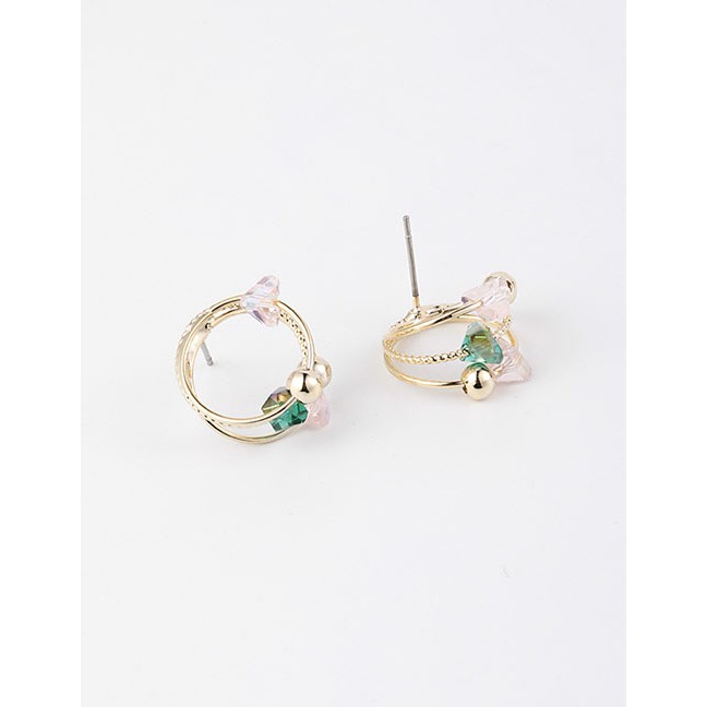 LRC Anting Tusuk Fashion Green Multi-layer Circle Alloy Crystal Ball Earrings D99682