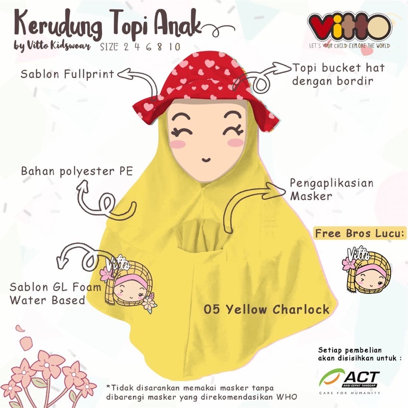 Kerudung Topi Anak Vitto Kidswear 2-10 Tahun Masker Topi Free Bross Lucu