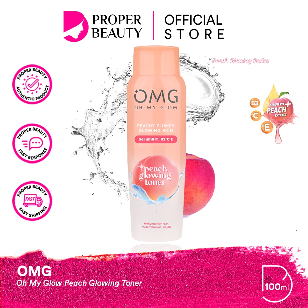 OMG Oh My Glow Peach Glowing Toner Indonesia / Essence Mist Pelembab Wajah 100ml / Skincare Face Care / Facial Wash Cleanser Serum Day Night Eye Cream Moisturizer Sunscreen Mask / Body Lotion / Make Up Glam Foundation Lip Cream / Brightening Acne Paket