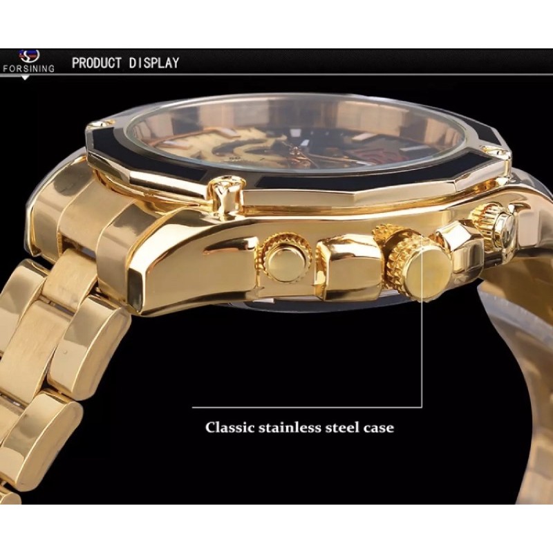 Jam Tangan Pria Original Forsining Automatic Mechanical Golden Luxury Sporty Gold