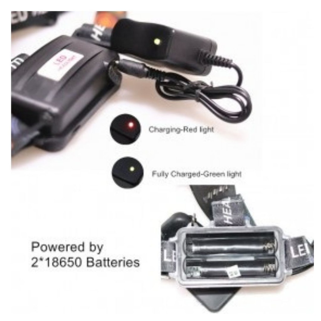 Headlamp 3 Light Lampu Senter Kepala 15.000 Lumens USB Charge 111107