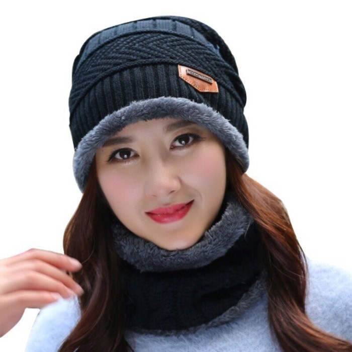 Topi kupluk dan Syal bulu musim dinginWinter All size hat scarf