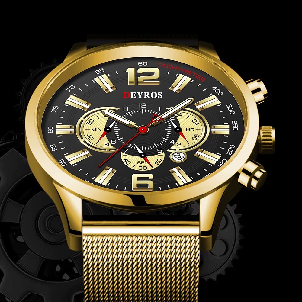 Jam Tangan Pria Business Stainless Steel Calendar Watches Anti Air Deyros Asli Pria Jam Kuarsa High-End Fashion (FREE BOX)