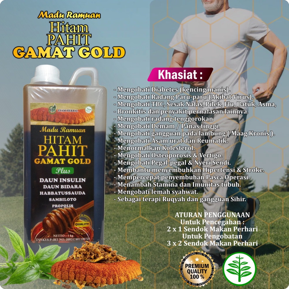 Ramuan Madu Hitam Pahit Gamat Gold Plus Daun Bidara Daun Insulin Propolis Habbatussauda Syam Herbal 1000 Gr