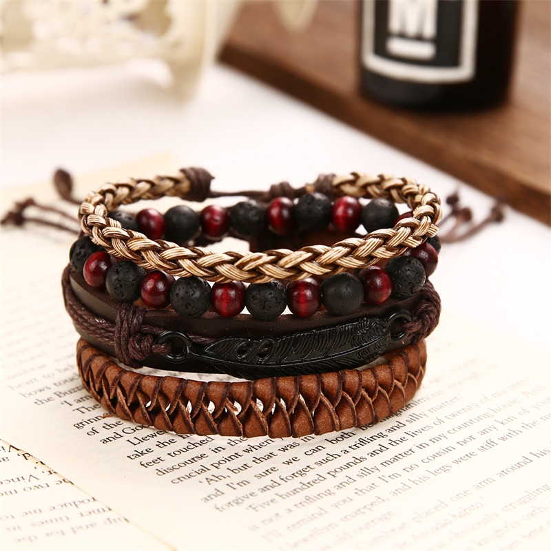 Set Gelang Multilayer Adjustable Bahan Kulit Handmade Untuk Pria