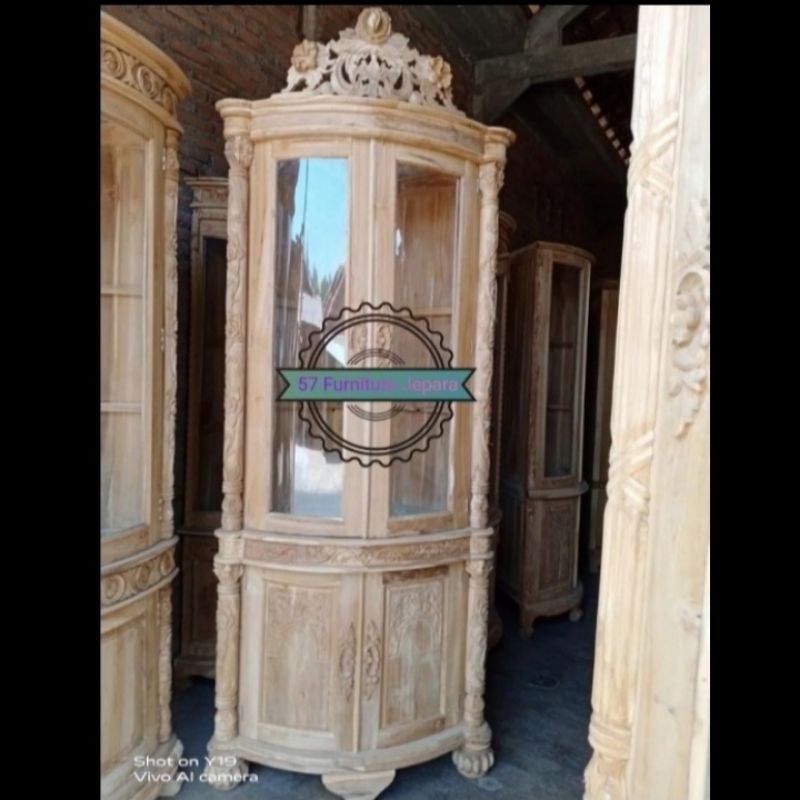 Lemari Pojok Ukir Kayu Jati - Rak Hias Kaca Pajangan Mebel Jati Jepara Mentahan