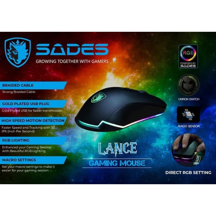 Mouse gaming sades wired usb 2.0 optical 2500dpi 8G 30ips 6d 500hz macro rgb 1.7m cable braided lance