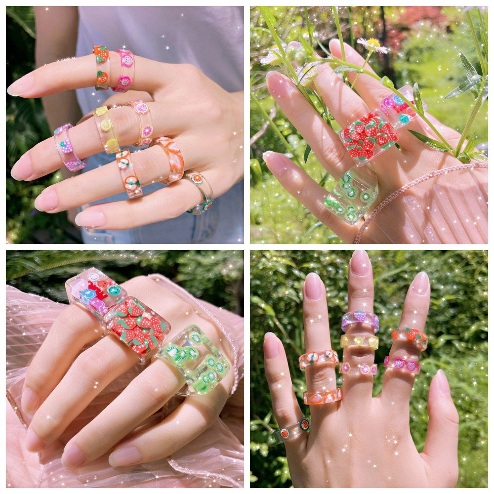 Cincin Desain Buah Alpukat Strawberry Bahan Resin Gaya Korea Untuk Wanita