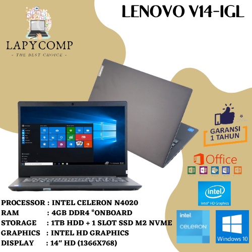 LAPTOP INTEL N4020 - RAM 4Gb - HDD 1TB + SLOT SSD M2 NVME - LAPTOP LENOVO V14-IGL - LENOVO V14 SERIES BARU