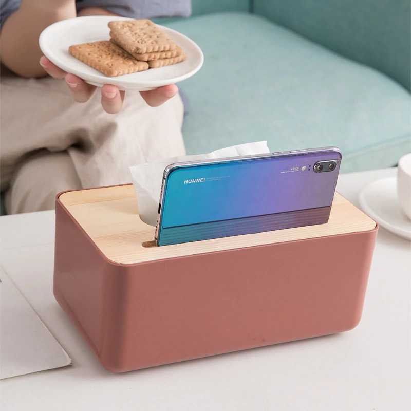 Kotak Tisu Kayu Tissue Box dengan Holder Smartphone - TaffHome ZJ008