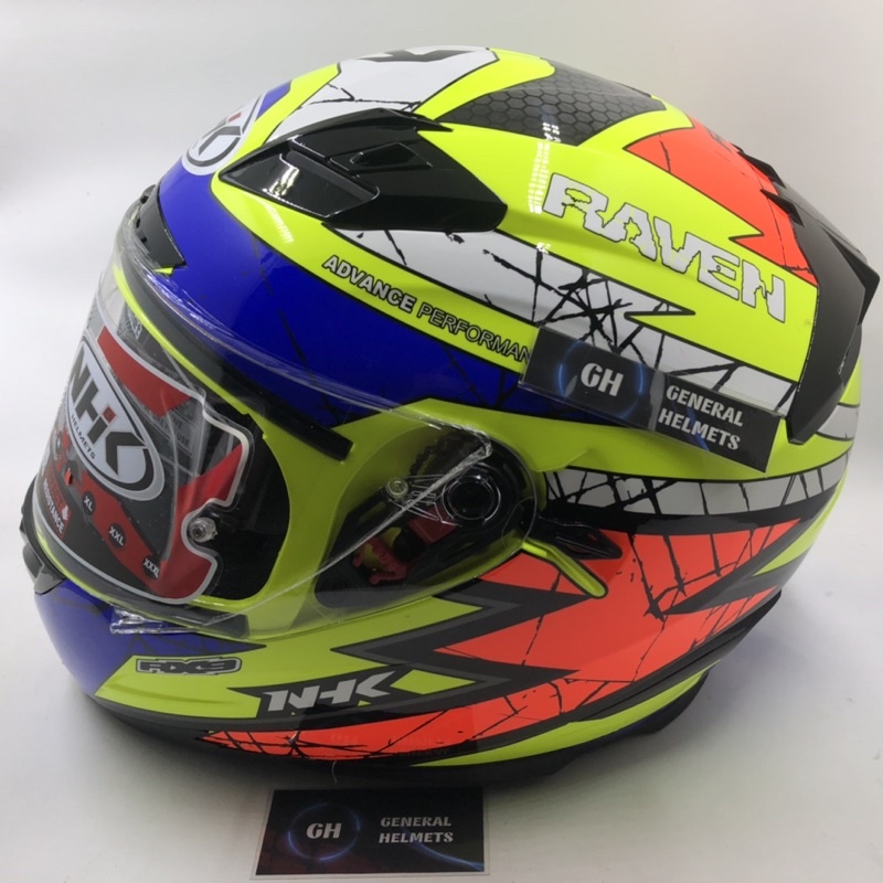 HELM NHK RX9 MOTIF RAVEN YELLOW FLUORESCENT BLUE ORANGE DOUBLE VISOR FULL FACE