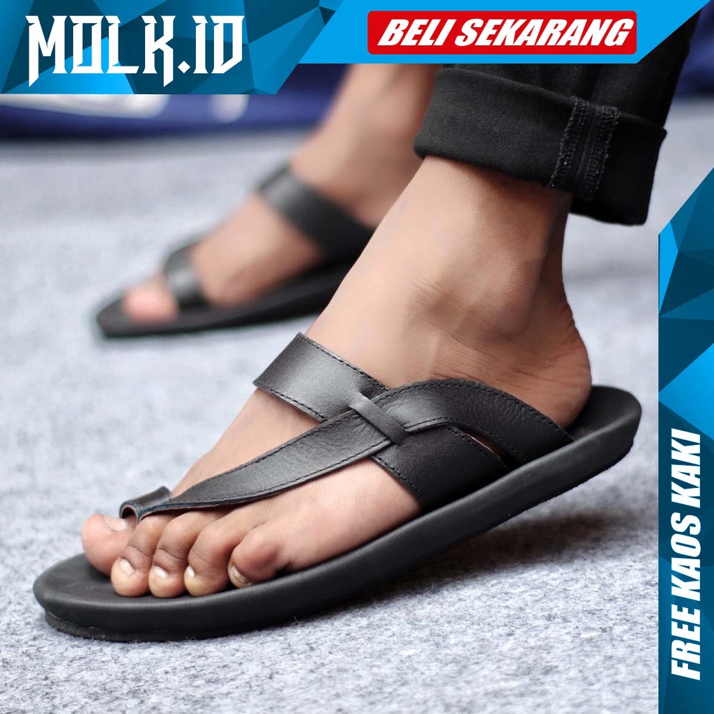 MOLK|Sandal Kulit Pria Hitam Original Distro Kekinian