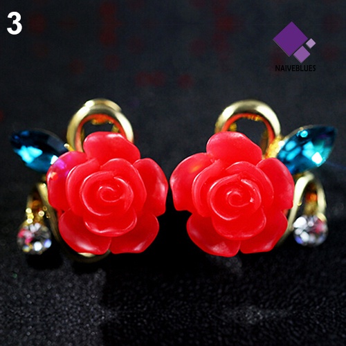 Anting Stud Bentuk Bunga Bahan Resin Aksen Berlian Imitasi Untuk Wanita