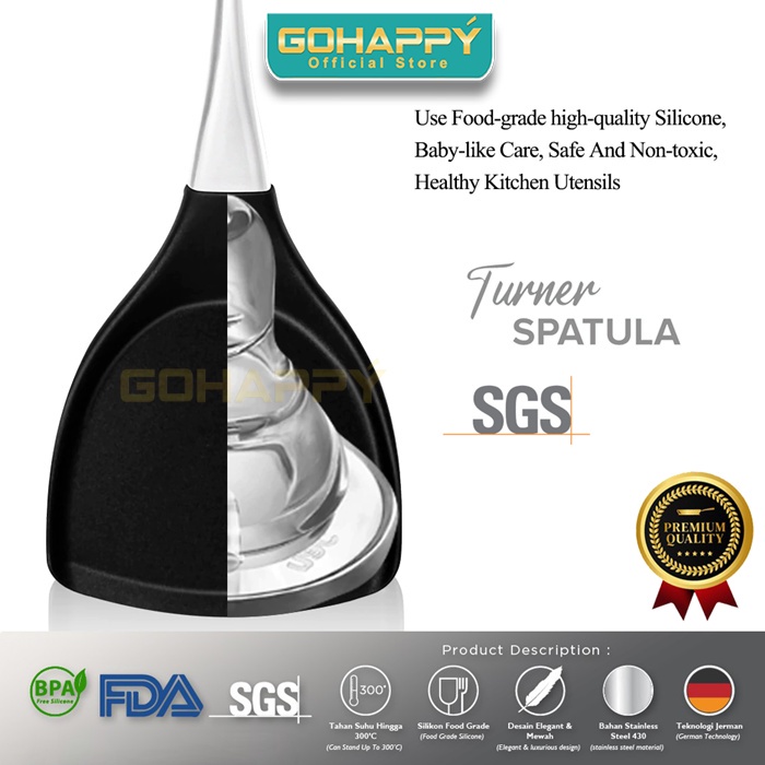 SPATULA SUTIL TURNER- Gohappy Spatula Masak PINK  - Sutil Silicon Sendok Dapur tahan panas- Spatula Premium -Spatula Black Silicon stainless set anti gores panci 2031 sutil - turner silikon - Tahan Panas Premium