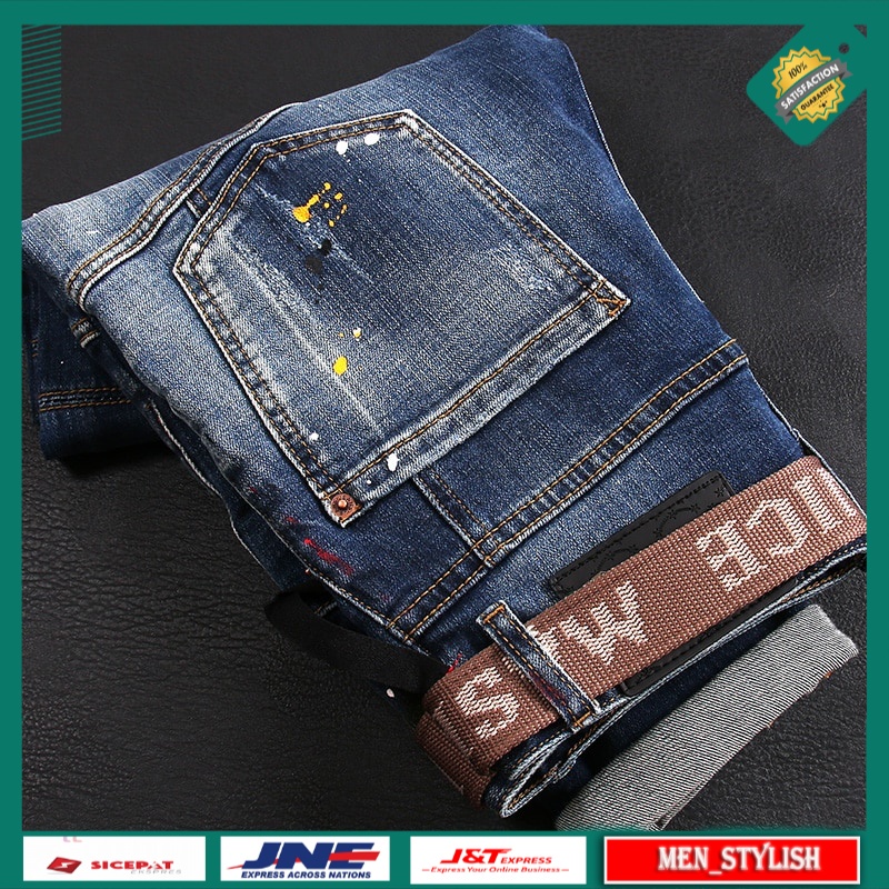 Celana Jeans Panjang Pria American Street Style Fashion Men Jeans Retro Blue Elastic Slim Ripped Jea