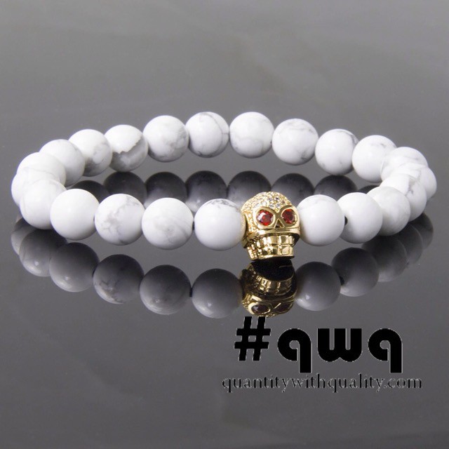 gelang tengkorak skull tali elastis cubic zirconnia batu alam gold - Putih supplier fashion craft