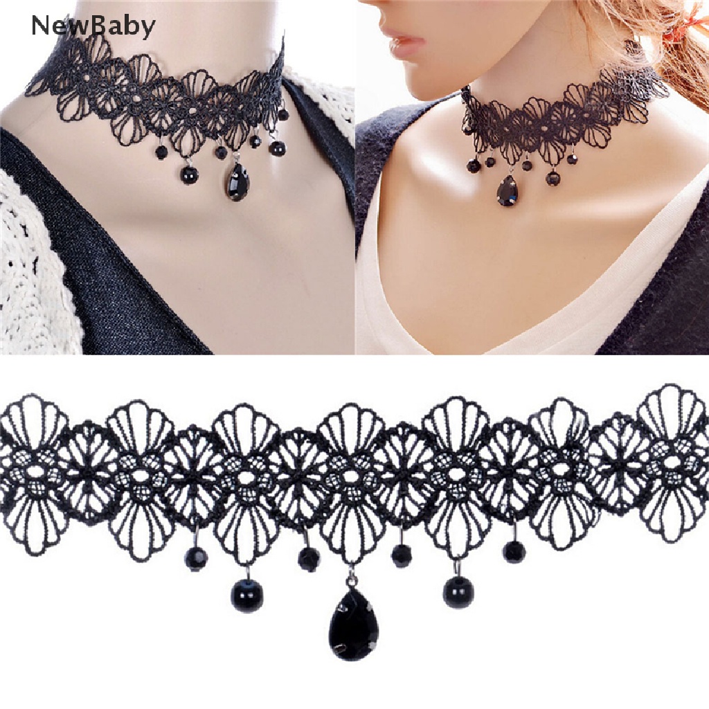 Kalung Choker Bahan Lace Warna Hitam Dengan Liontin Bunga Gaya Gothic Retro Untuk Perhiasan