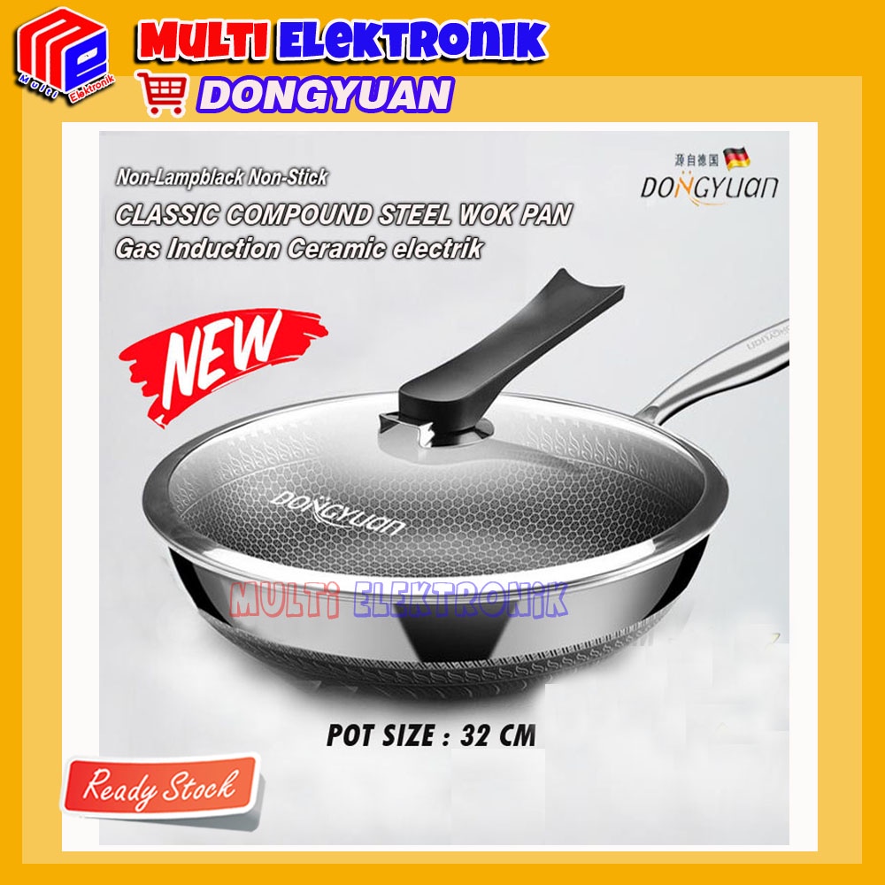 Wok Pan Stainless Steel Dongyuan 32 cm Dengan Tutup Kaca