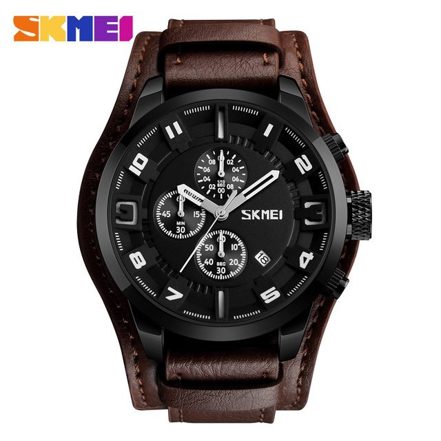 Jam Tangan Pria / Analog Date / SKMEI 9165 Leather Chrono aktif / Jam Analog Date SKMEI Original