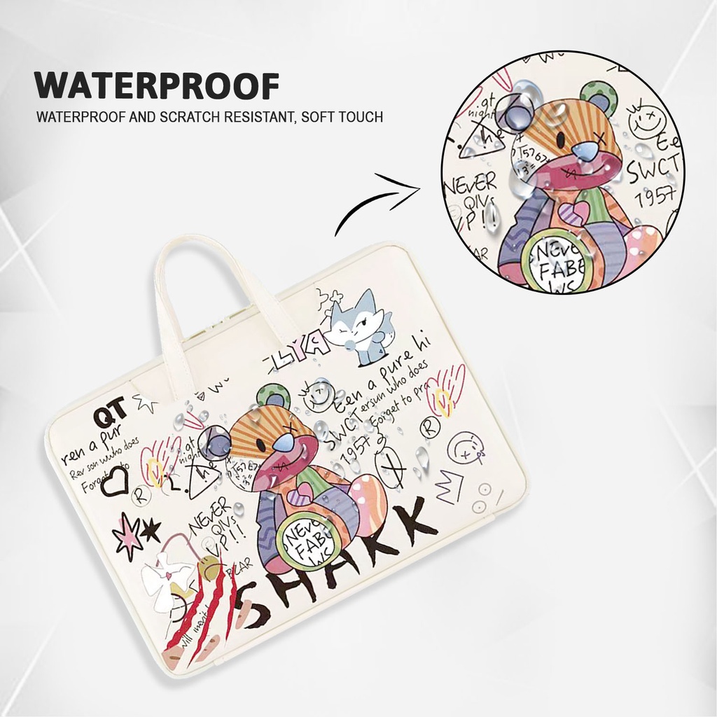 Sleeve Pouch Sarung Tas Bag Case Ipad Tab Tablet Macbook Air Pro Laptop Asus Acer Lenovo HP Huawei 11 12 13 14 15 inch Motif Gambar Kartun Bear Beruang Graffity Warna Coklat Orange Putih Cute Murah Korean Model Jinjing Tali Strap Waterproof Tahan Air