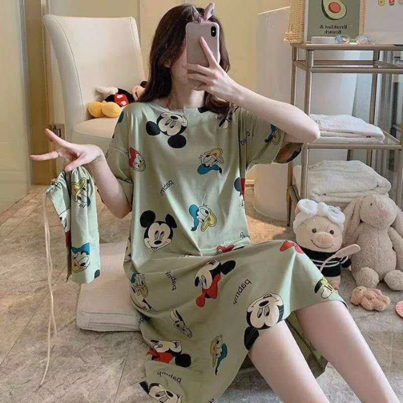 D101 • Daster Import • Daster Lucu • Sleepwear • Pakaian Tidur Wanita-Mickey Hijau