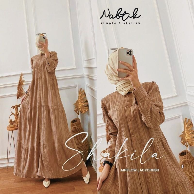 Shakila Maxy Dress Gamis Crinkle Airflow Lady Crush Premium Full Kancing-Shakila milo