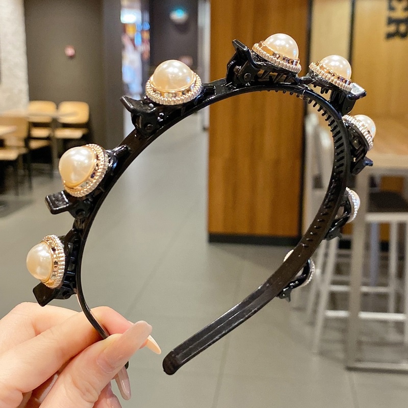 Korean Pearl Headband Bangs Hairstyle Multi-layer Hollow Woven Headband with Tooth Design Alligator Clip Retro Hairband Face Washing Headdress