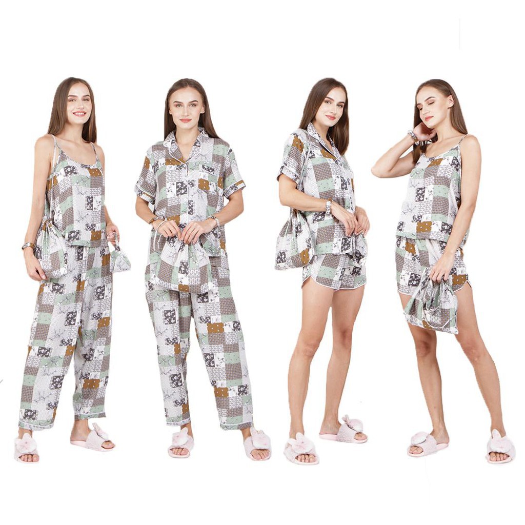 SET PIYAMA SATEN PREMIUM 7IN1 & RAYON 7IN1 READY STOK Kyoro Beauty 7 in 1 - celline-RUKA HIJAU