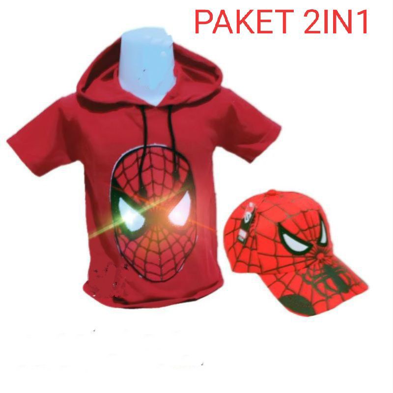 Baju anak Led hoodis spiderman gratis topi bordir - baju anak