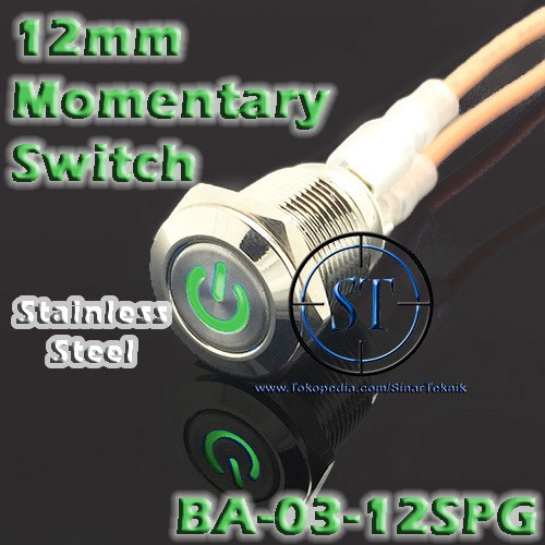 Switch Push ON 12mm Power HIJAU Momentary Klakson stainless steel Saklar Tombol tekan Lambang Power On Off Motor Mobil Waterproof