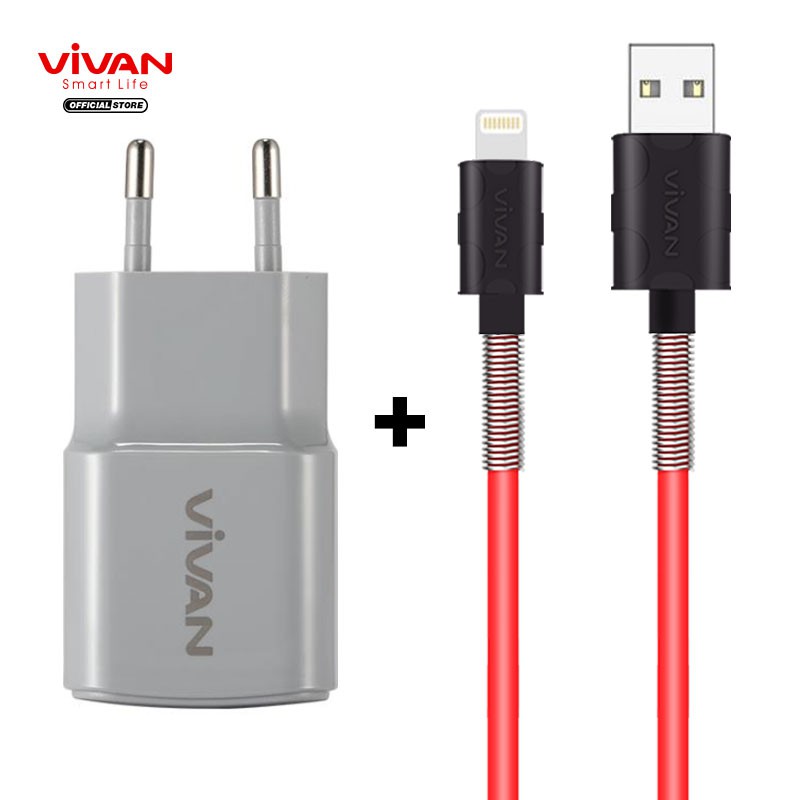 Charger HP VIVAN Casan Original Fast USB Charging 2.0 ( Power Oval Grey ) + Kabel iPhone FL100 Red