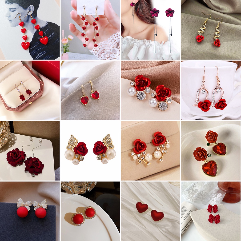 11 kinds of red long tassel pearls with diamonds for ladies cute ear hook earrings Korean fashion jewelry accessories to attend wedding banquets best factory wholesale in stock