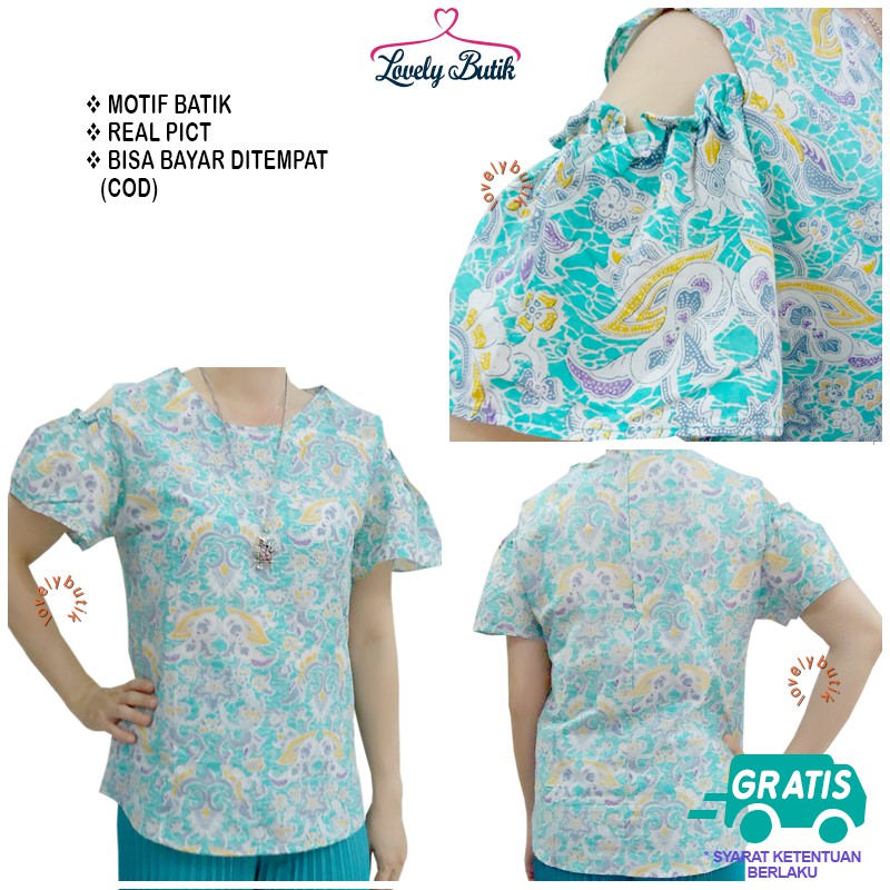 Lovelybutik Blouse Atasan Batik Wanita  Mirn4 Atasan Wanita Terbaru Model Cold Shoulder Blouse