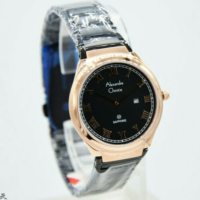 ALEXANDRE CHRISTIE WATCH AC 8538 WANITA SAPPHIRE ROSEGOLD BLACK ORIGINAL