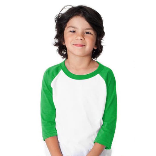 Kaos Polos Anak Raglan Putih Hijau Cotton Combed 24s