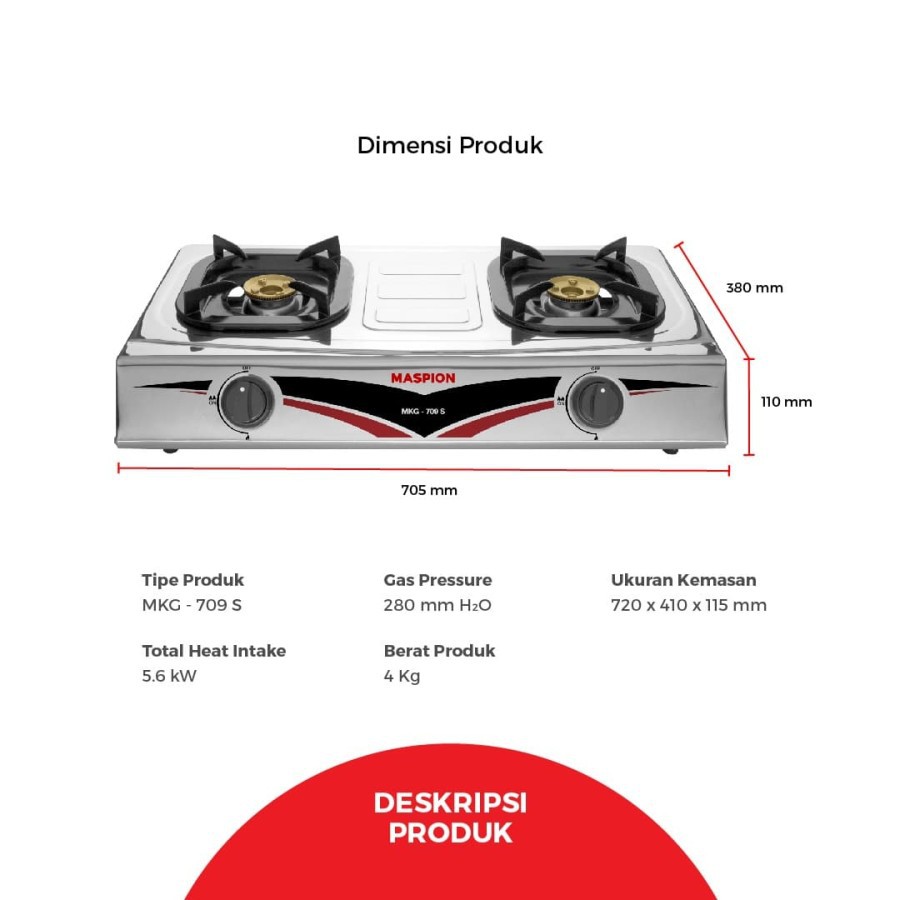 MASPION Kompor Gas 2 Tungku Tekanan Rendah Stainless MKG 709 S - Garansi Service Resmi 1 Tahun