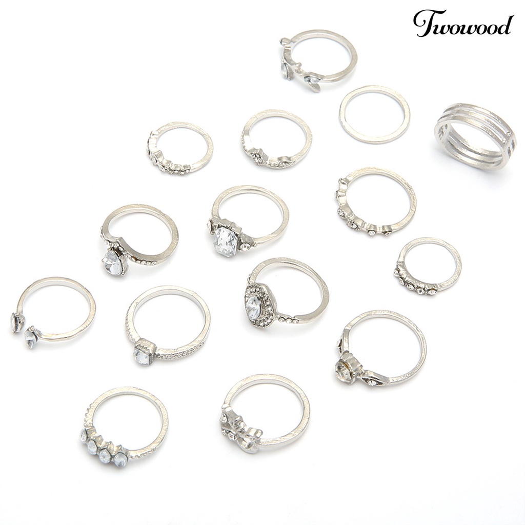 15pcs Cincin Jari Model Hollow Out Warna Silver Untuk Wanita