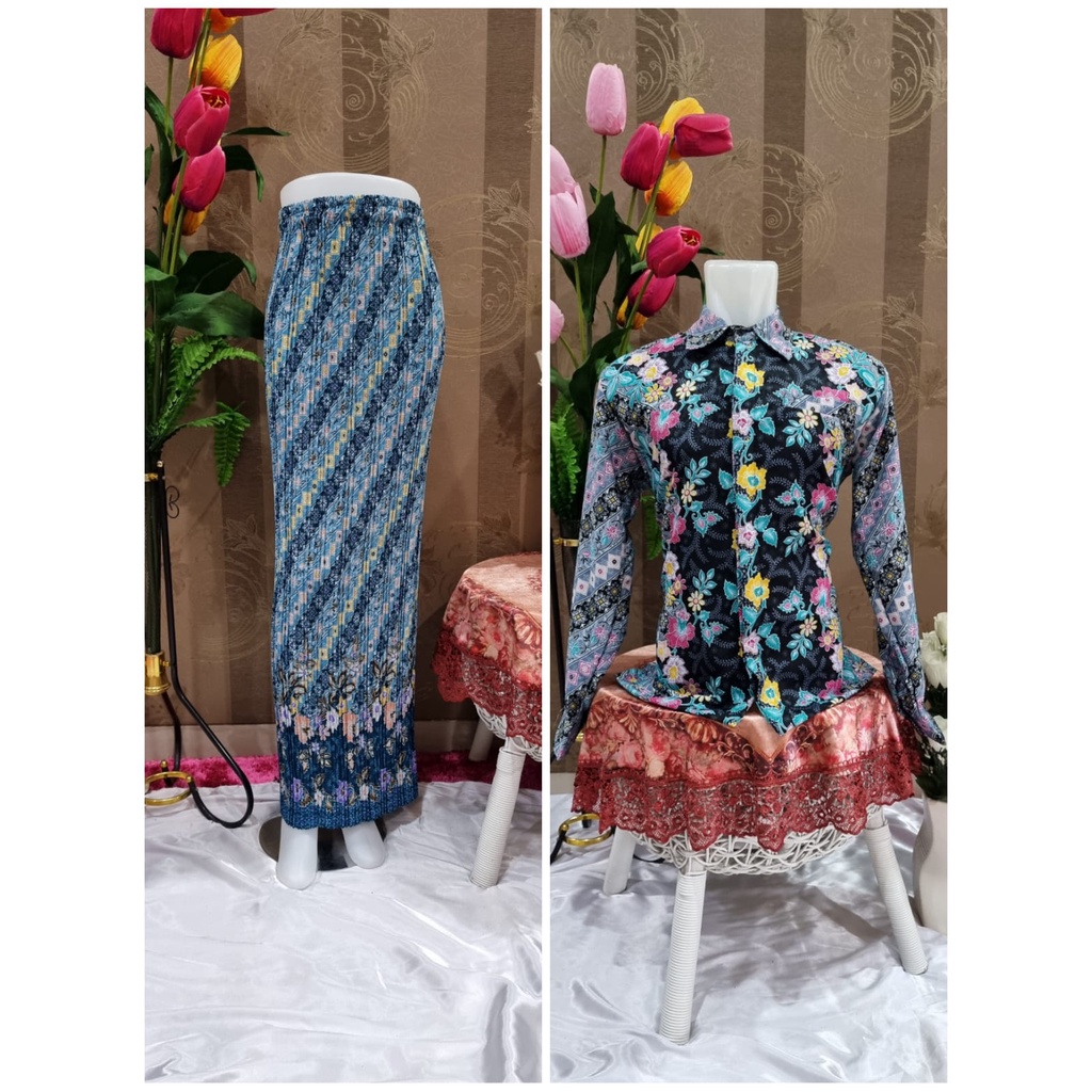 Kemeja Couple Batik Lengan Panjang dan Rok Plisket | Sale Kemeja Premium | Kemeja Semi Sutra | Couple Rpk Plisket dan Kemeja HEM Batik dan Rok Plisket Batik Maxi JUMBO