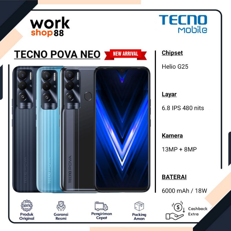 HP Terbaru TECNO POVA NEO ( Ram Up 7GB ) 4GB + 3GB Extendable Rom 64GB - New Original Garansi Resmi 