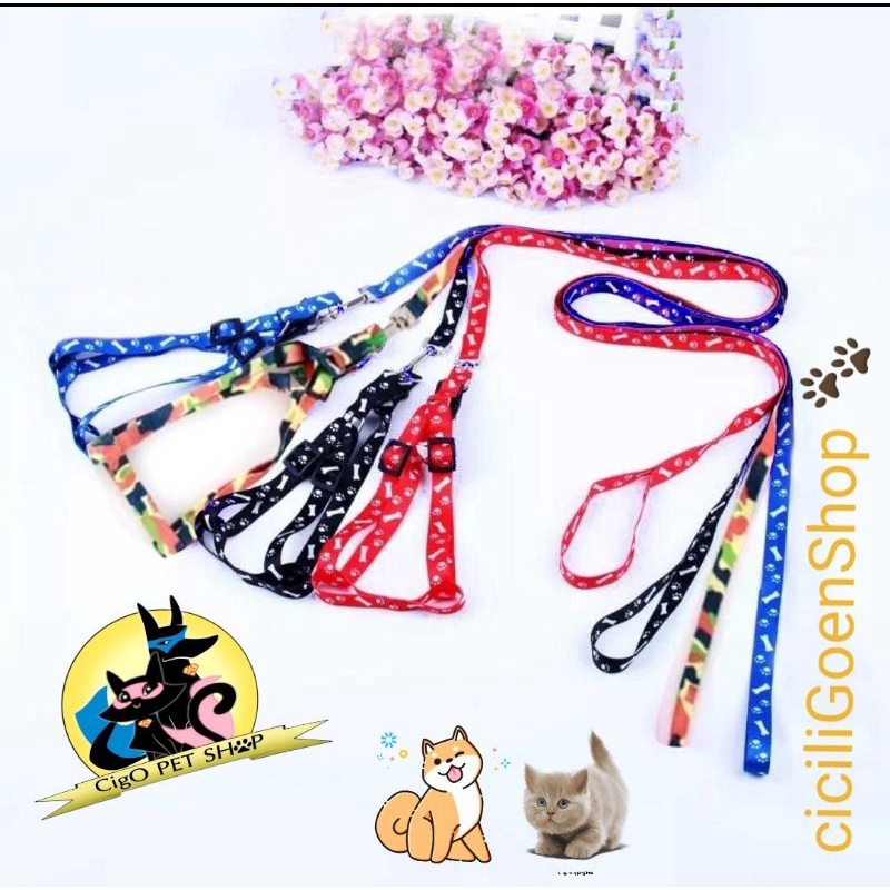 Harness pet anjing kucing kelinci murah leash tali rompi dog cat hewan motif paws tulang
