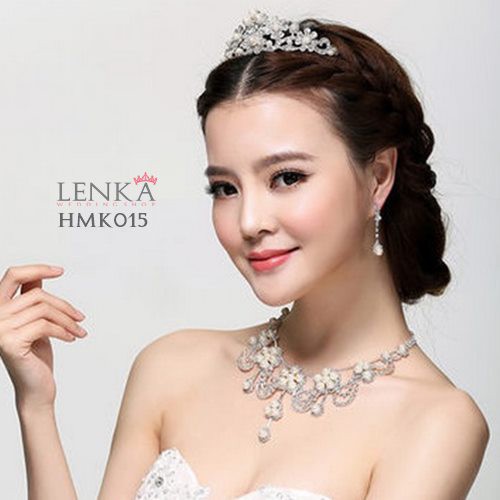 Aksesoris Mutiara Wedding Modern l Paket Crown Kalung Anting Pengantin Lenka - HMK015