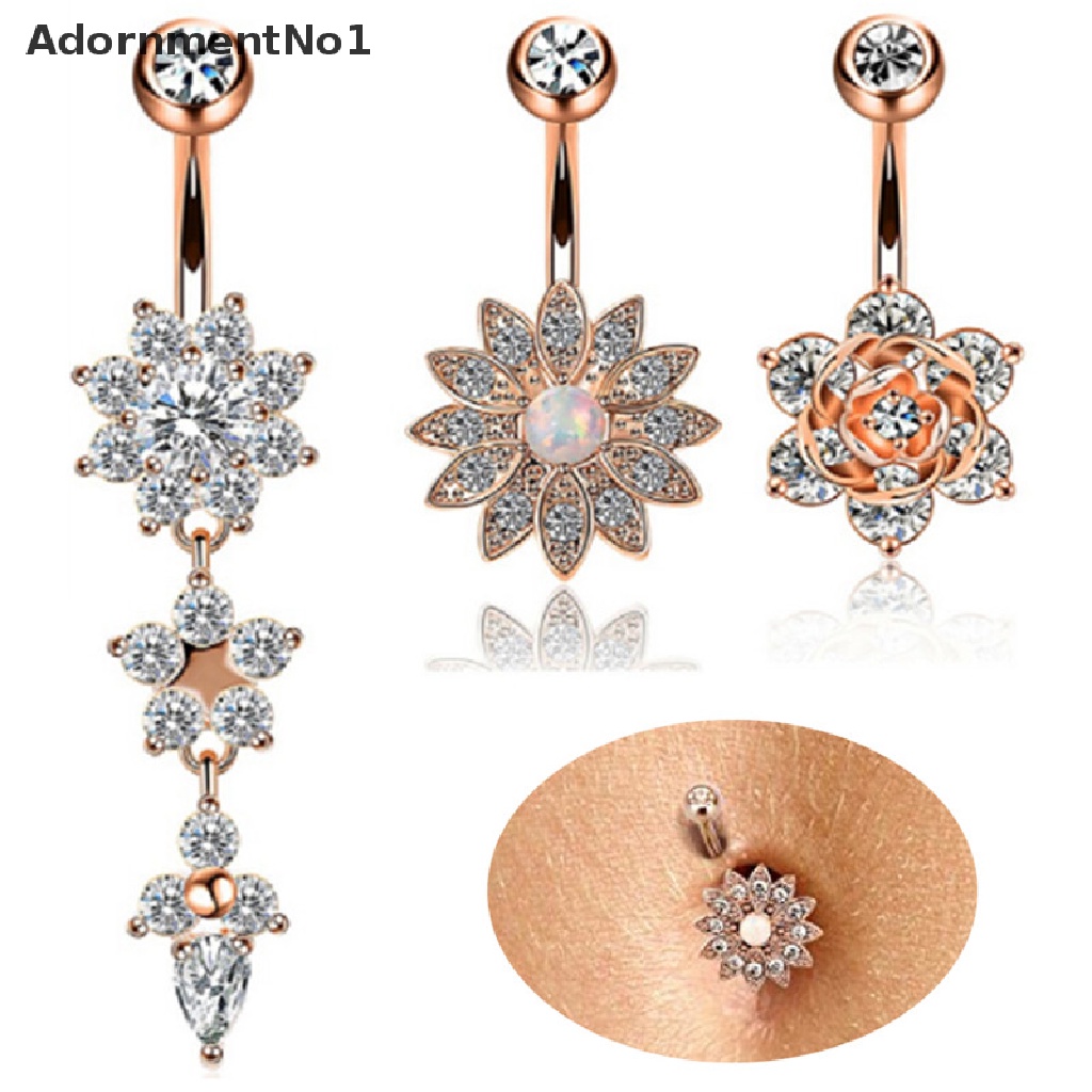 (AdornmentNo1) 6pcs / Set Anting Tindik Perut / Pusar Model Gantung Bahan Stainless Steel Hias Kristal Untuk Wanita