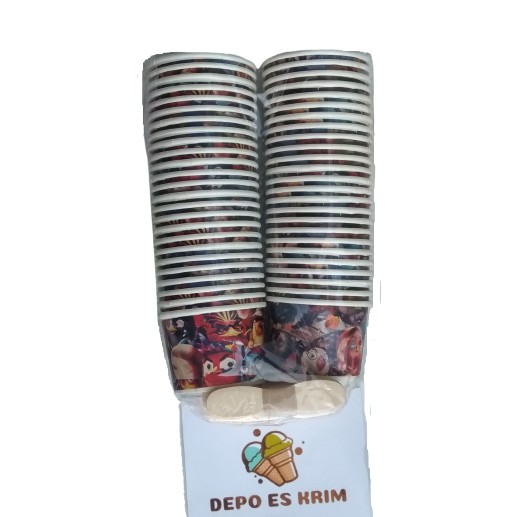 Paper Cup Es Krim 50ml (lengkap Tutup Sendok Cup Kertas) Motif Lucu Murah
