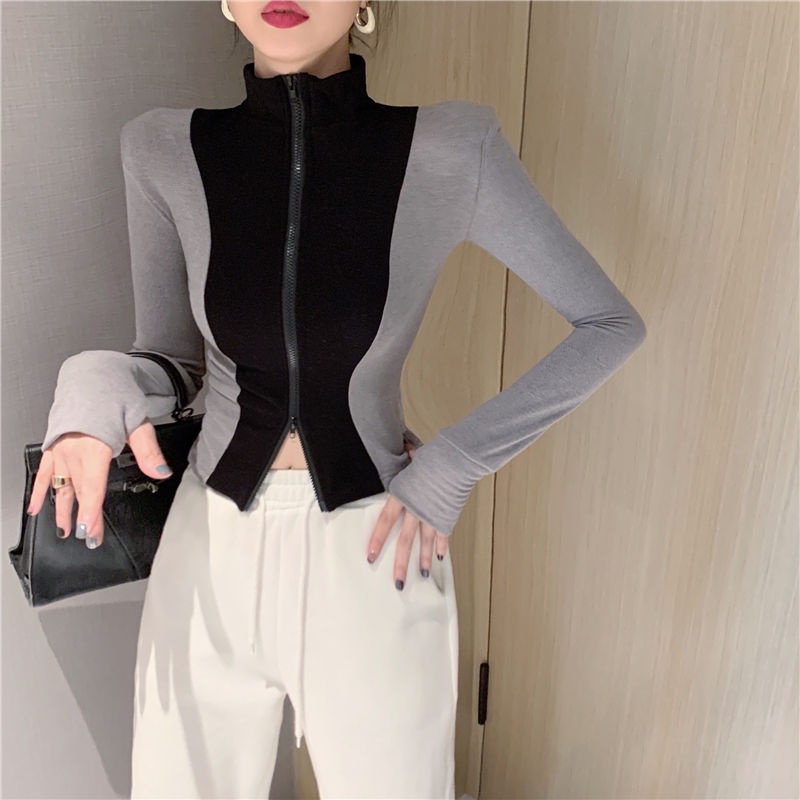 Suhao Amerika atas palsu dua potong ritsleting lengan panjang T-shirt setengah turtleneck slim cardi