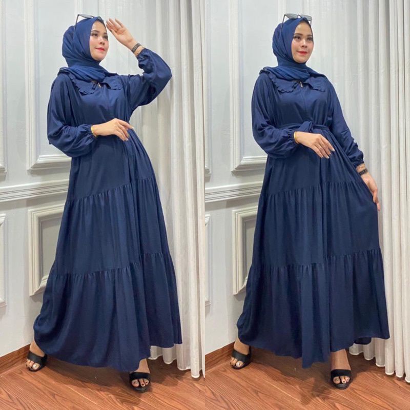 GAMIS NOORA JUMBO RAYON SUPER POLOS REMPEL SUSUN wanita remaja polos-NOORA Navy