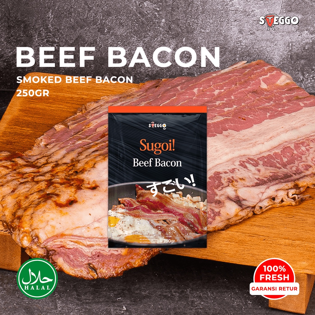 

Smoked Beef Bacon 250 gr/ Sugoi Beef Bacon Sapi Halal/ Daging Asap by Steggo