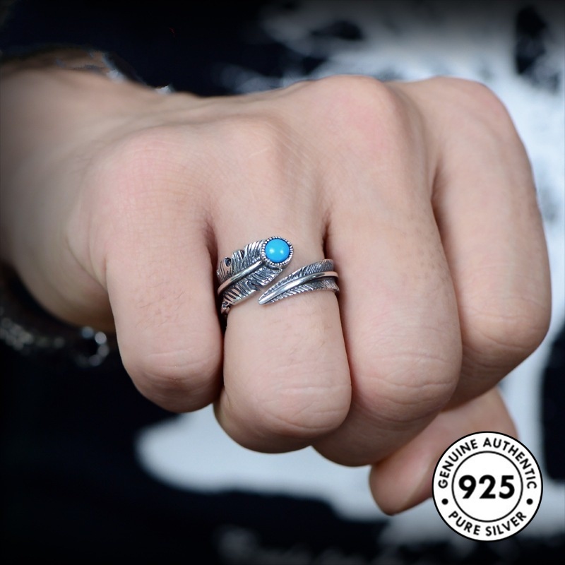 Cincin Lapis Silver 925 Model Bulu Gaya Vintage Dengan Turquoise Untuk Wanita