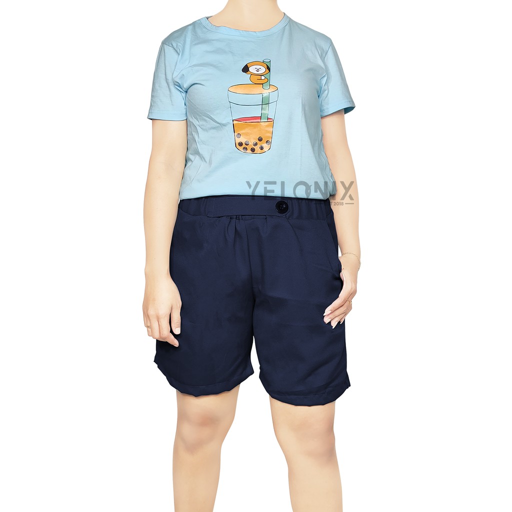 CELANA HOT PANTS WANITA KANCING MOSCREPE PINGGANG KARET-YELONIX