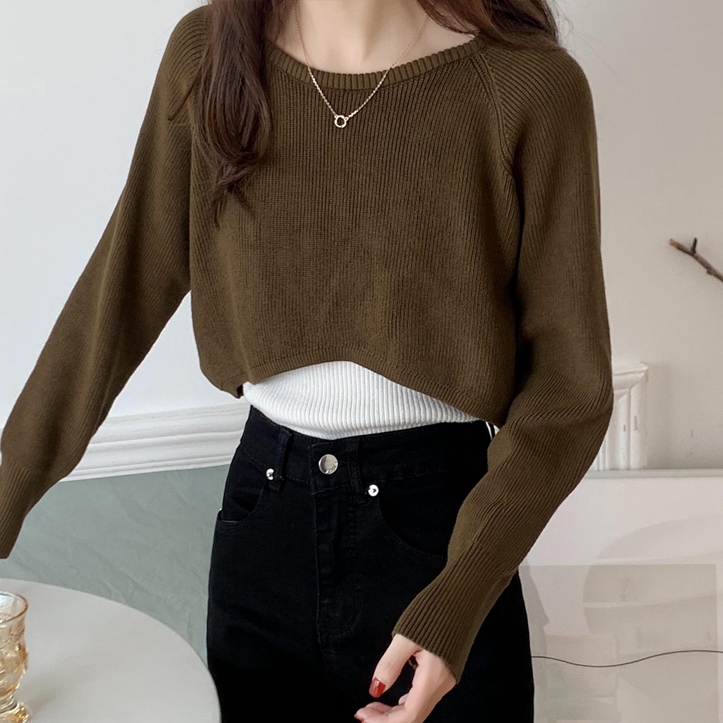 Kaos Rajut Lengan Panjang Wanita Korean Style Knit Crop Top Baju Sweater